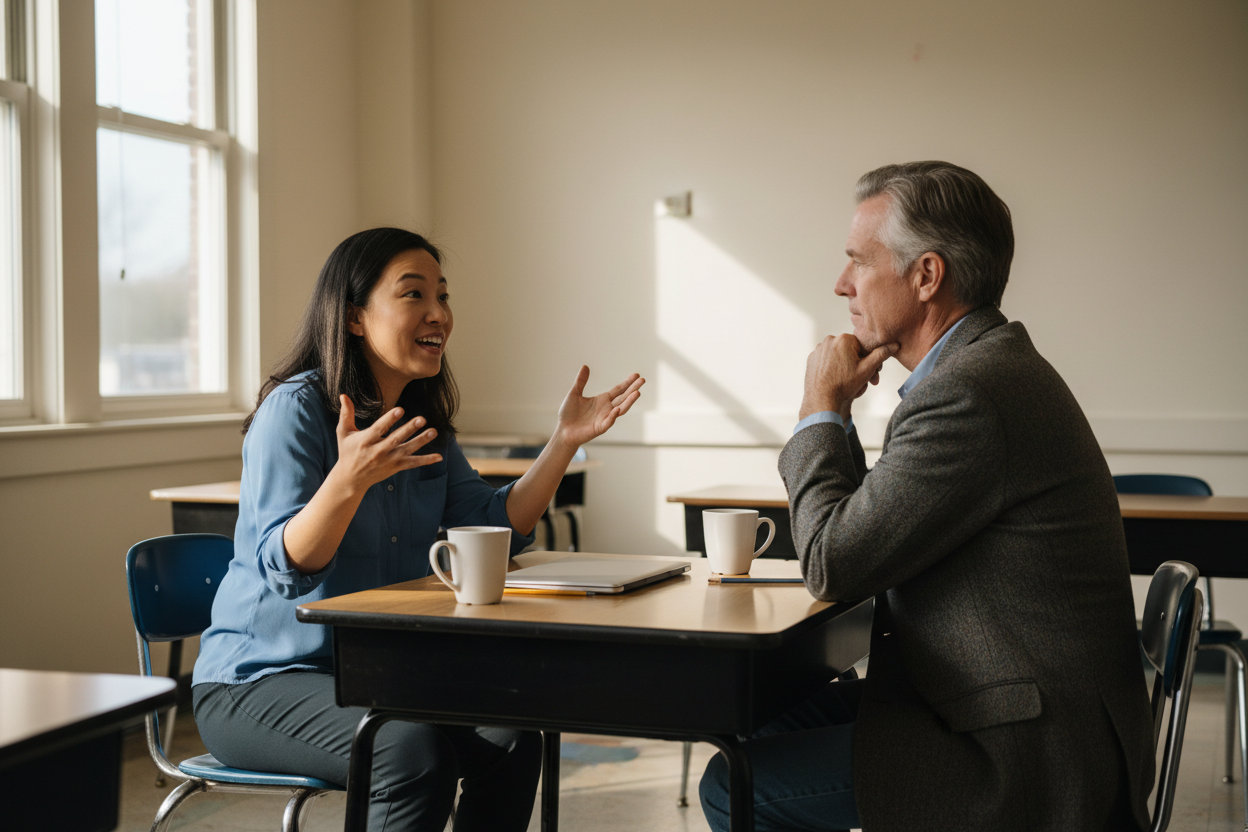Two teachers sit together at a classroom table after school, one talking and gesturing while the other listens, a laptop closed between them.