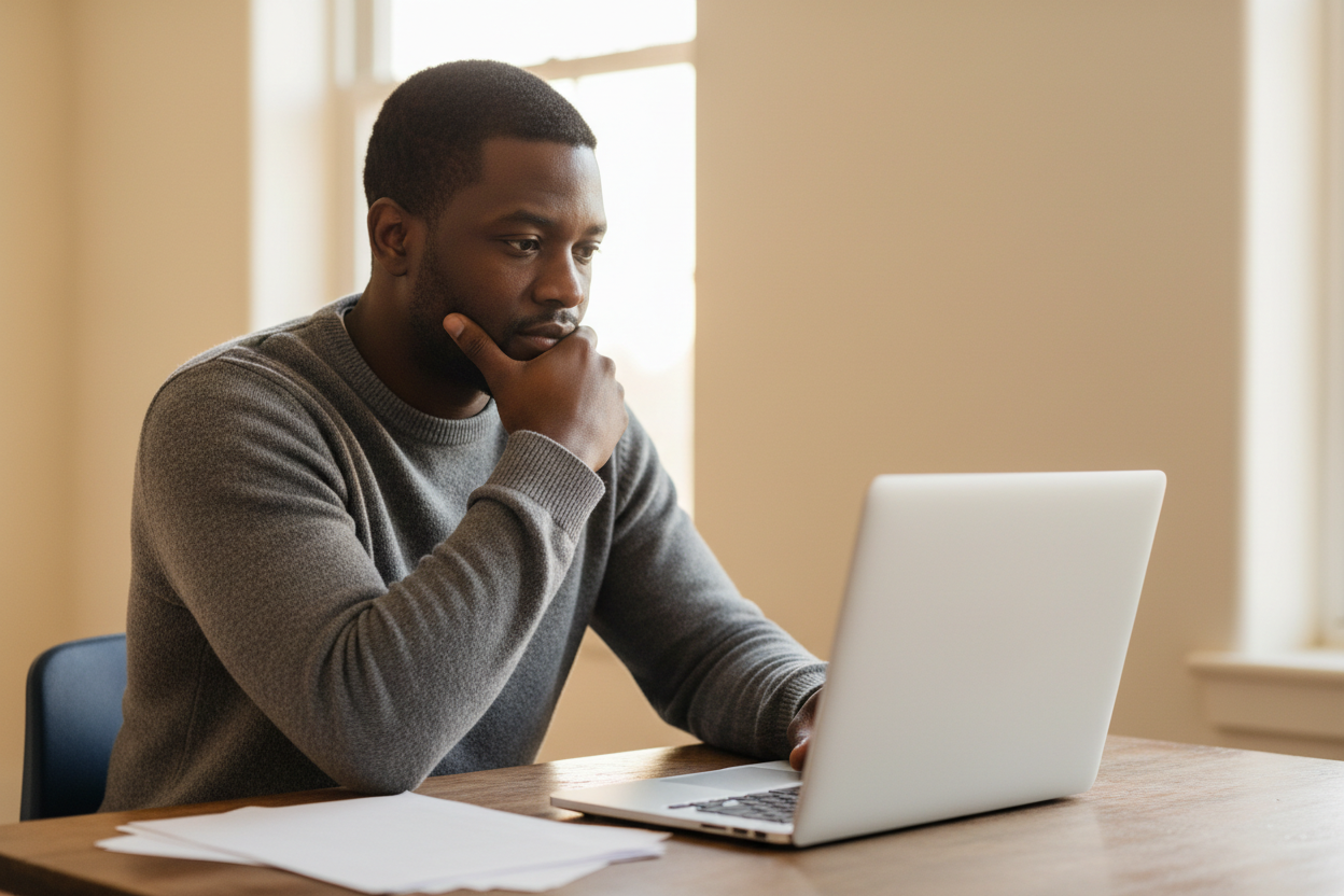 An elementary teacher sits at a table after school, looking at an open laptop with a few loose papers beside it, chin resting on one hand.