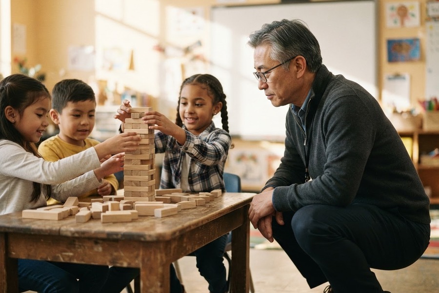 A coach in glasses crouches beside a table where three young students are building a tower of wooden blocks, watching their hands.