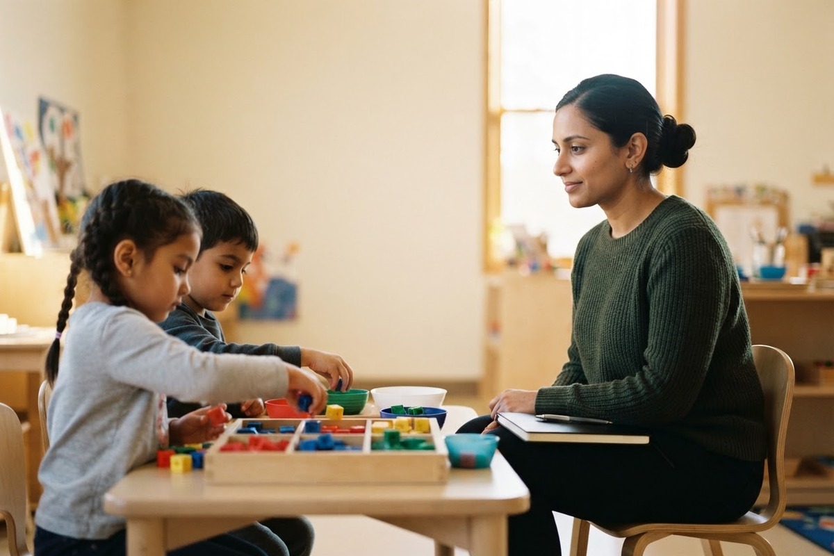 An instructional coach sits beside a low table with a closed notebook on one knee, watching two young students sort colored counting cubes.