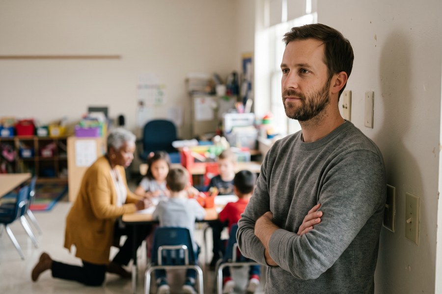 An instructional coach stands against a classroom wall with his arms folded, watching, while across the room a veteran teacher kneels beside a table of young students.