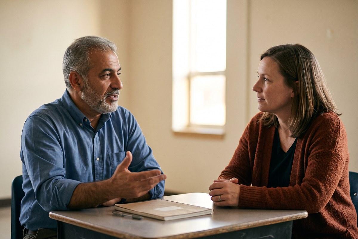 A veteran teacher gestures as he talks with an instructional coach across a small classroom table after school, a closed notebook between them.