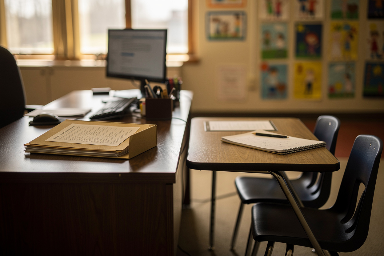 Two desks in one frame. One is an administrator's desk with a folder and a form on it; the other is a low side table with two chairs and a single open notebook in warm light.