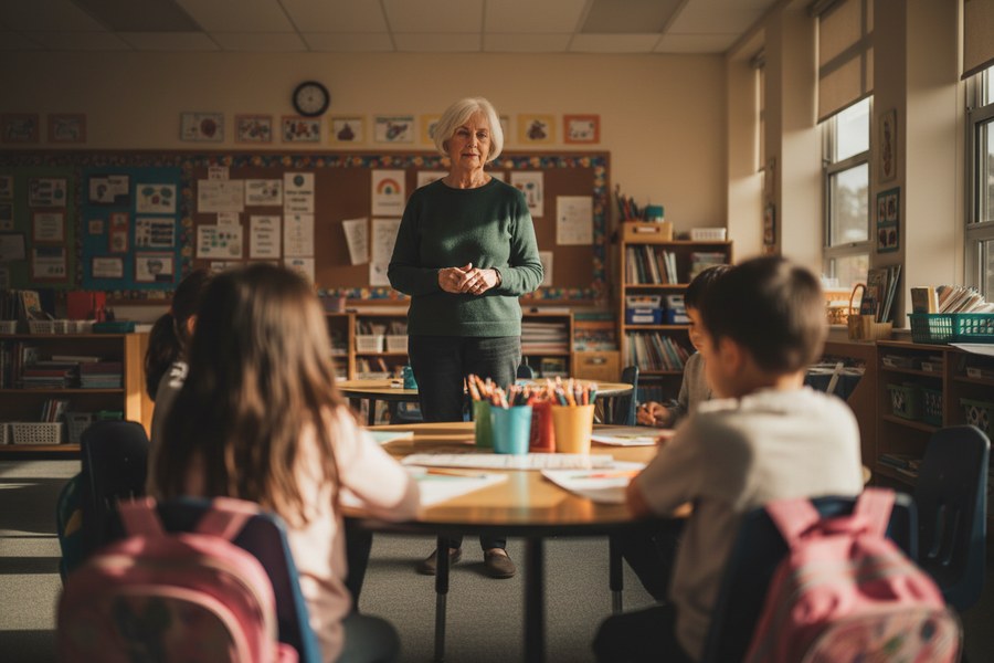 A teacher with short silver hair stands quietly by a table of young students working together, watching them.