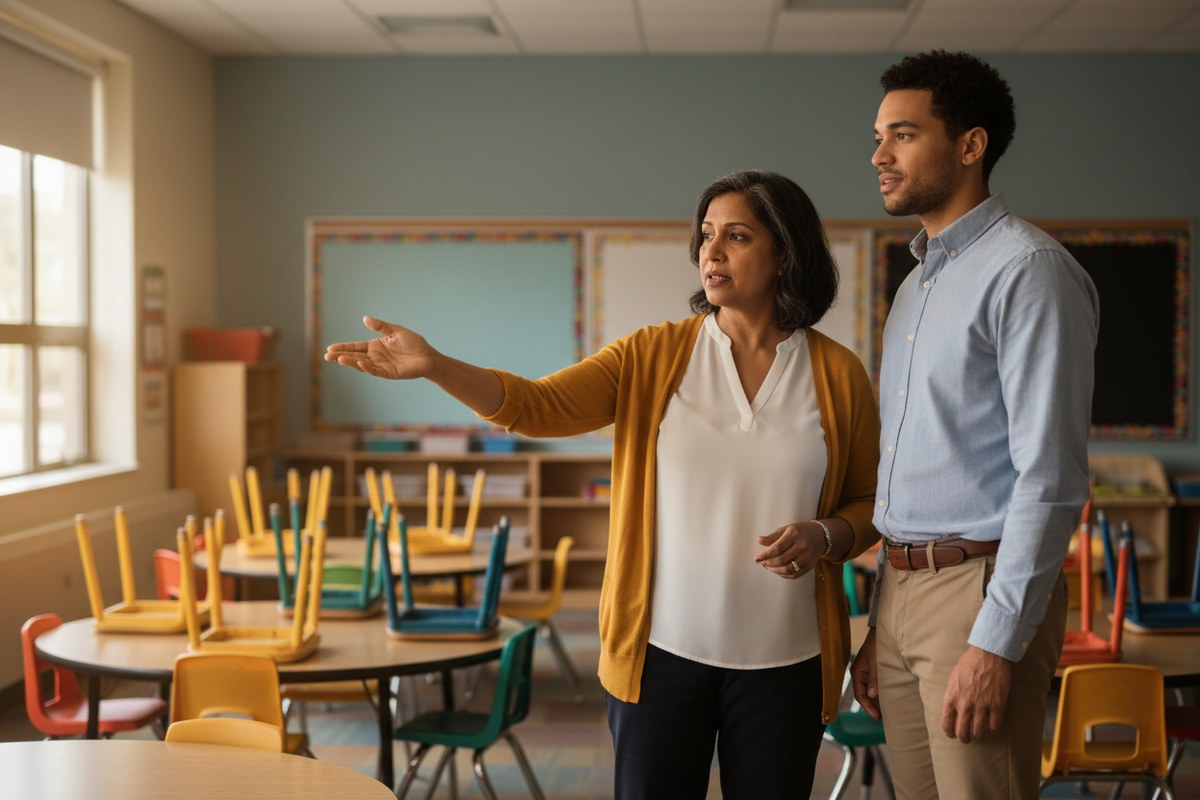 An instructional coach in a mustard cardigan gestures toward the student tables in an empty classroom after school, while a younger teacher beside her looks where she is pointing.