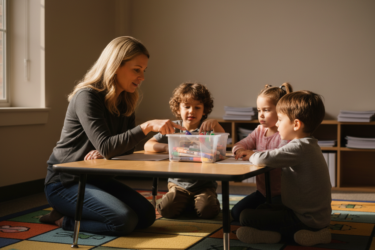 A teacher kneels beside a small group of students at a low table during the first week of school, talking them through a classroom routine.