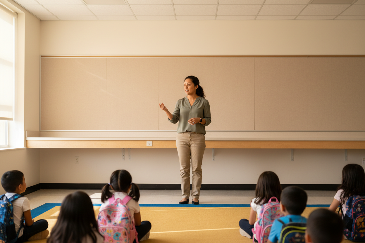 An elementary teacher stands at the front of her classroom in the first week of school, one hand raised mid-instruction, as young students sit on a rug watching her.