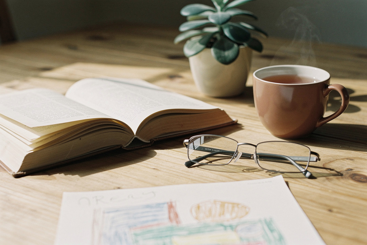 A simple notebook open to a short two-line daily teaching log beside a cup of coffee.
