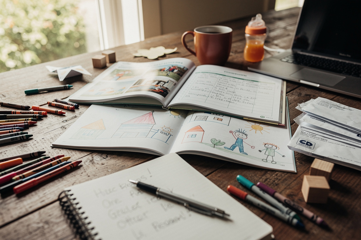 A parent and child reading together at a sunlit kitchen table on an early homeschool morning.