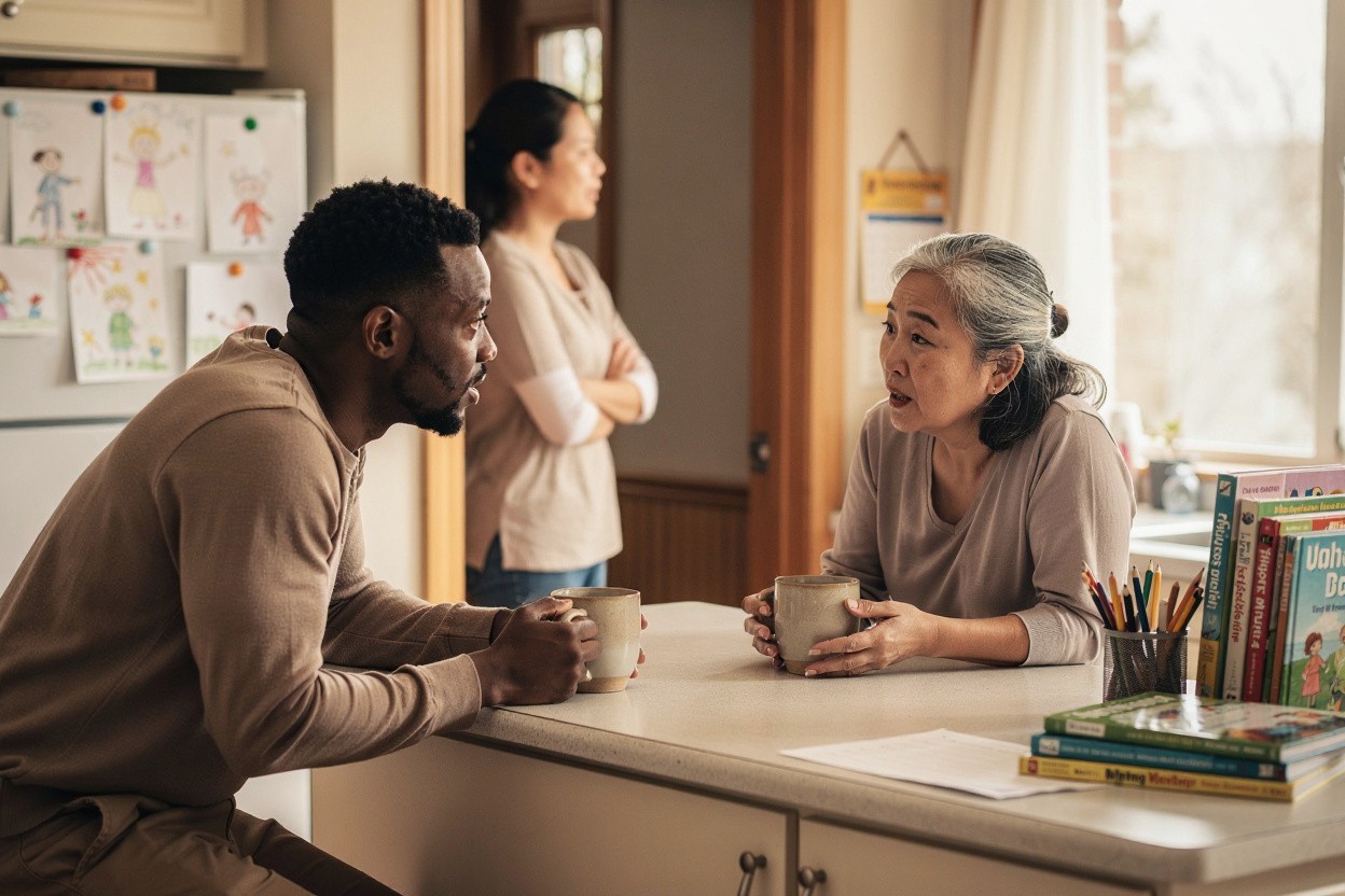 Two homeschool parents talking honestly over coffee at a kitchen counter, one listening closely, the one real peer who remembers what this season feels like.