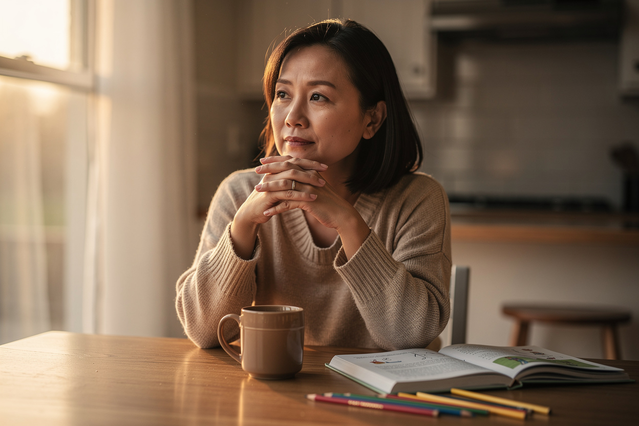A homeschool parent sitting at the kitchen table in soft late-afternoon light, hands clasped beneath her chin, gazing out the window in quiet, tired thought, alone in a still house.