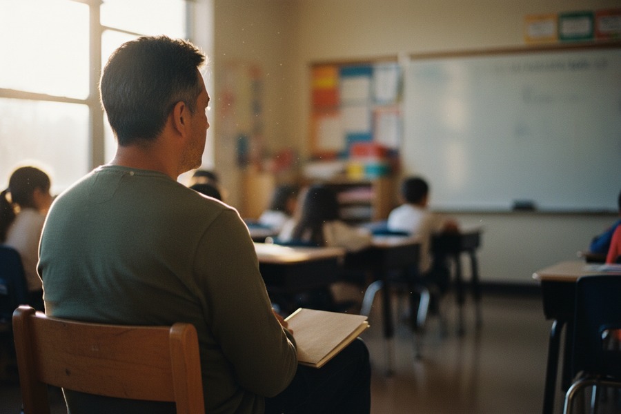 A coach sits at the back of a classroom with a closed notebook on their knee, watching a lesson.
