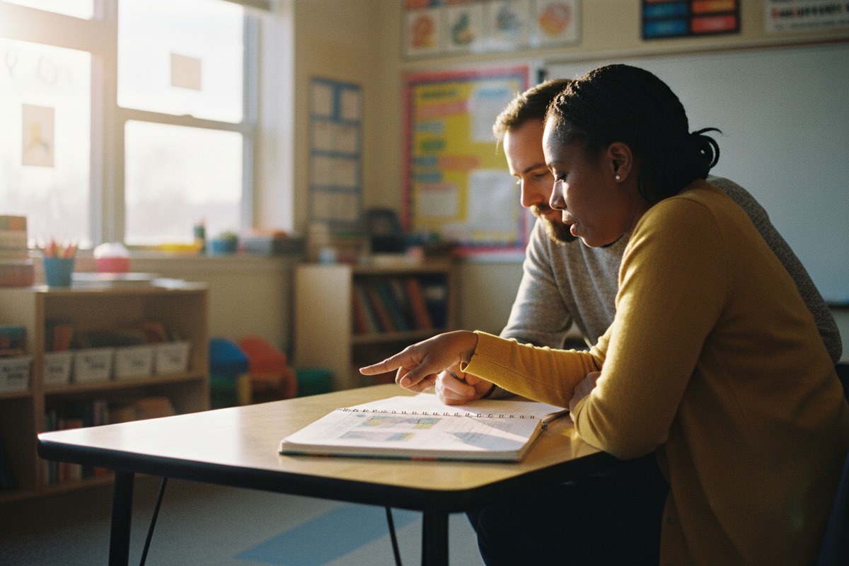 Two educators sit side by side at a low classroom table with an open notebook between them, one pointing at a line on the page.
