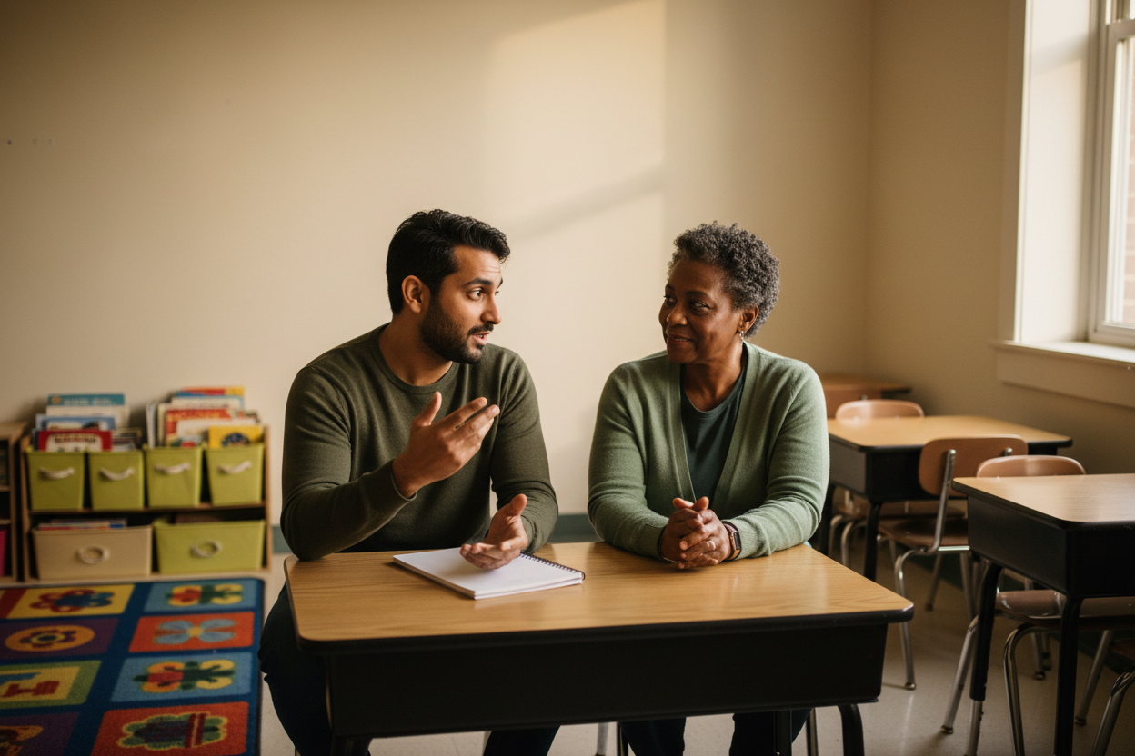 A teacher sits at a low table with a colleague in an empty small-school classroom, notebook between them, talking through a lesson at the end of the day.