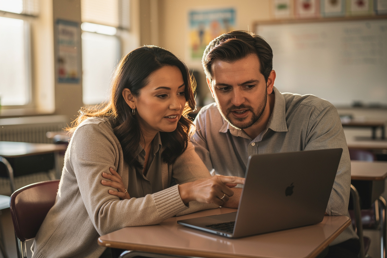 Two teacher colleagues sit together in an empty classroom, leaning over a laptop as one shows the other a moment from her lesson and they talk it through.
