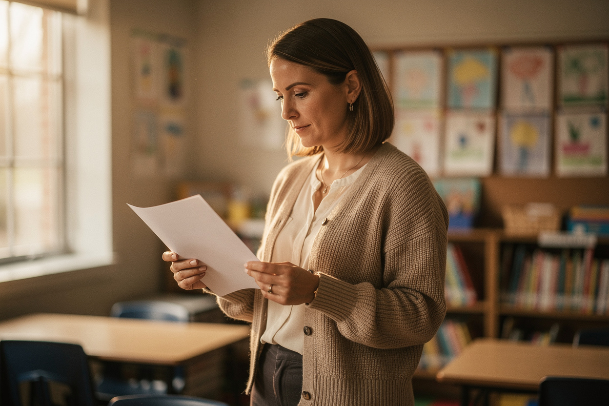 A teacher stands alone in her quiet classroom after school, looking over her own lesson notes with a thoughtful, determined expression.