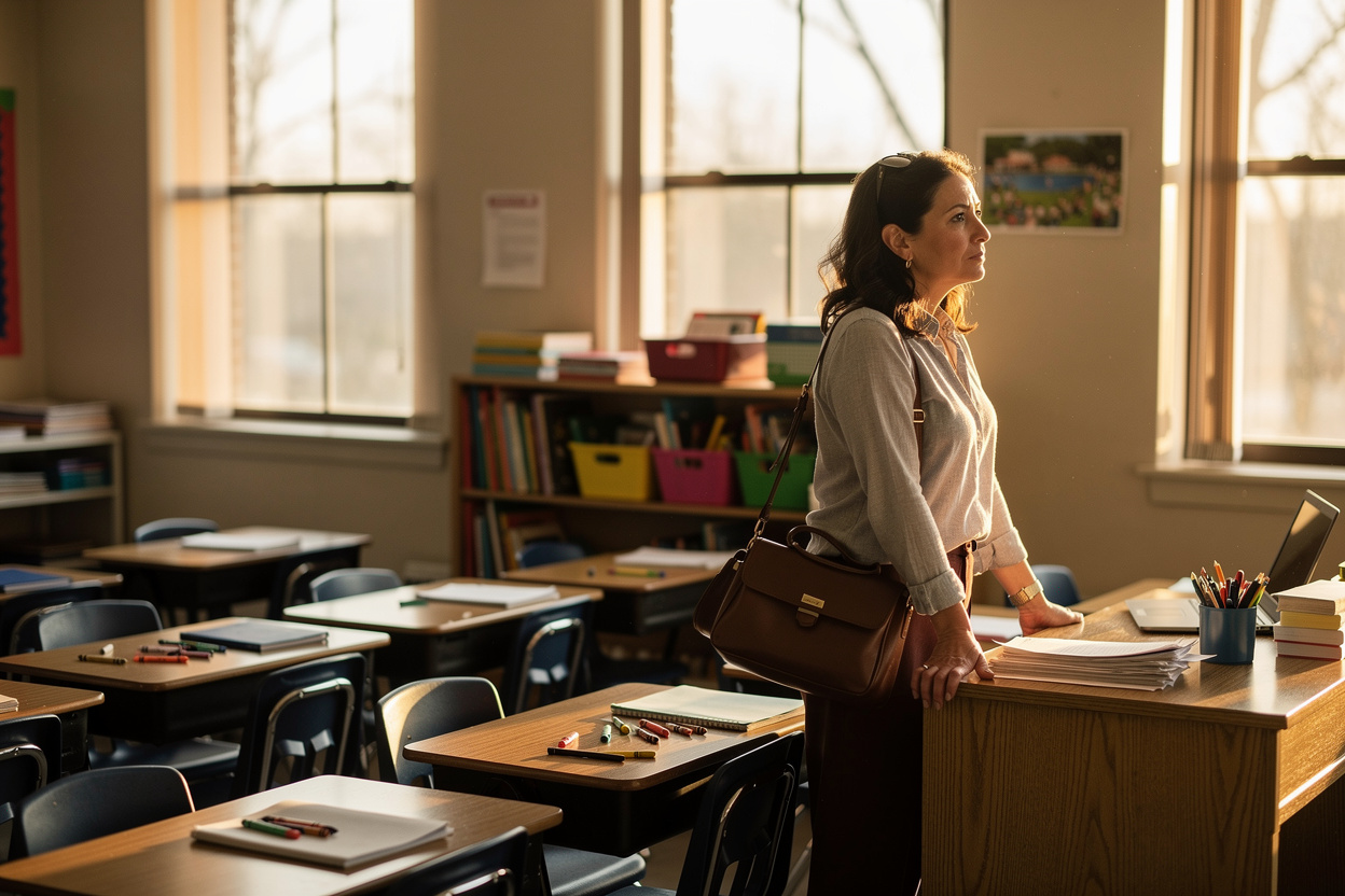 A teacher pauses beside her desk at the end of the day, bag on her shoulder, looking back across her empty classroom, thoughtful and composed.
