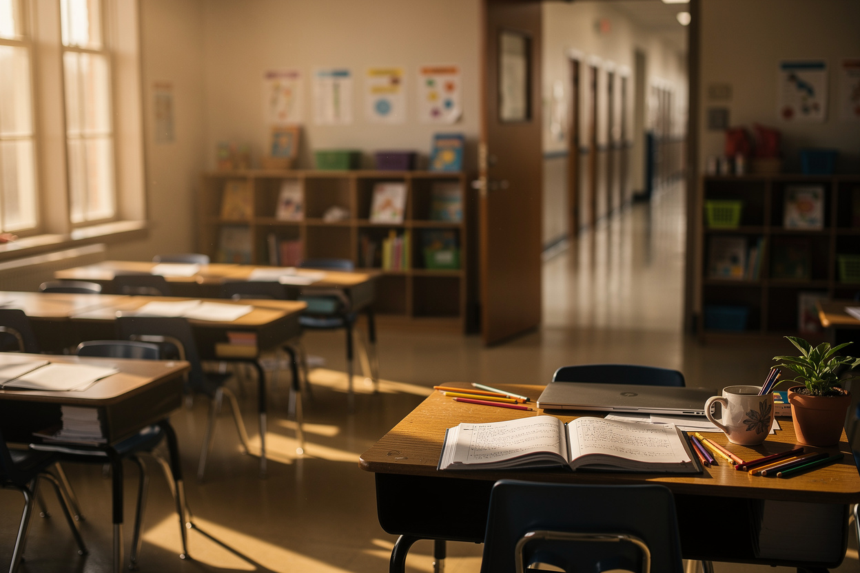 An empty private school classroom late in the day, warm light through tall windows, one teacher's desk with lesson plans still open and the door standing open to an empty hallway.