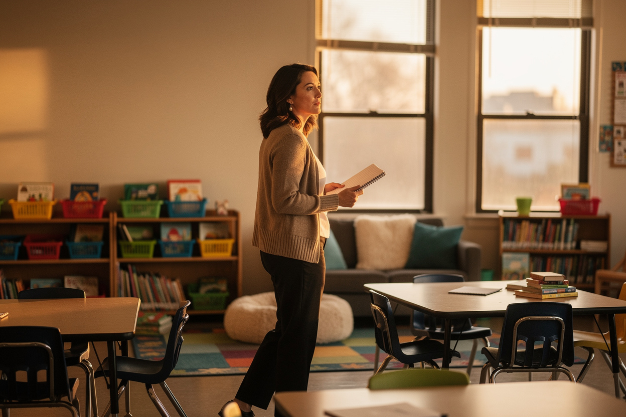 A teacher stands among the empty desks at the end of the day with a notebook open in one hand, looking back across the room as if walking through the lesson again.