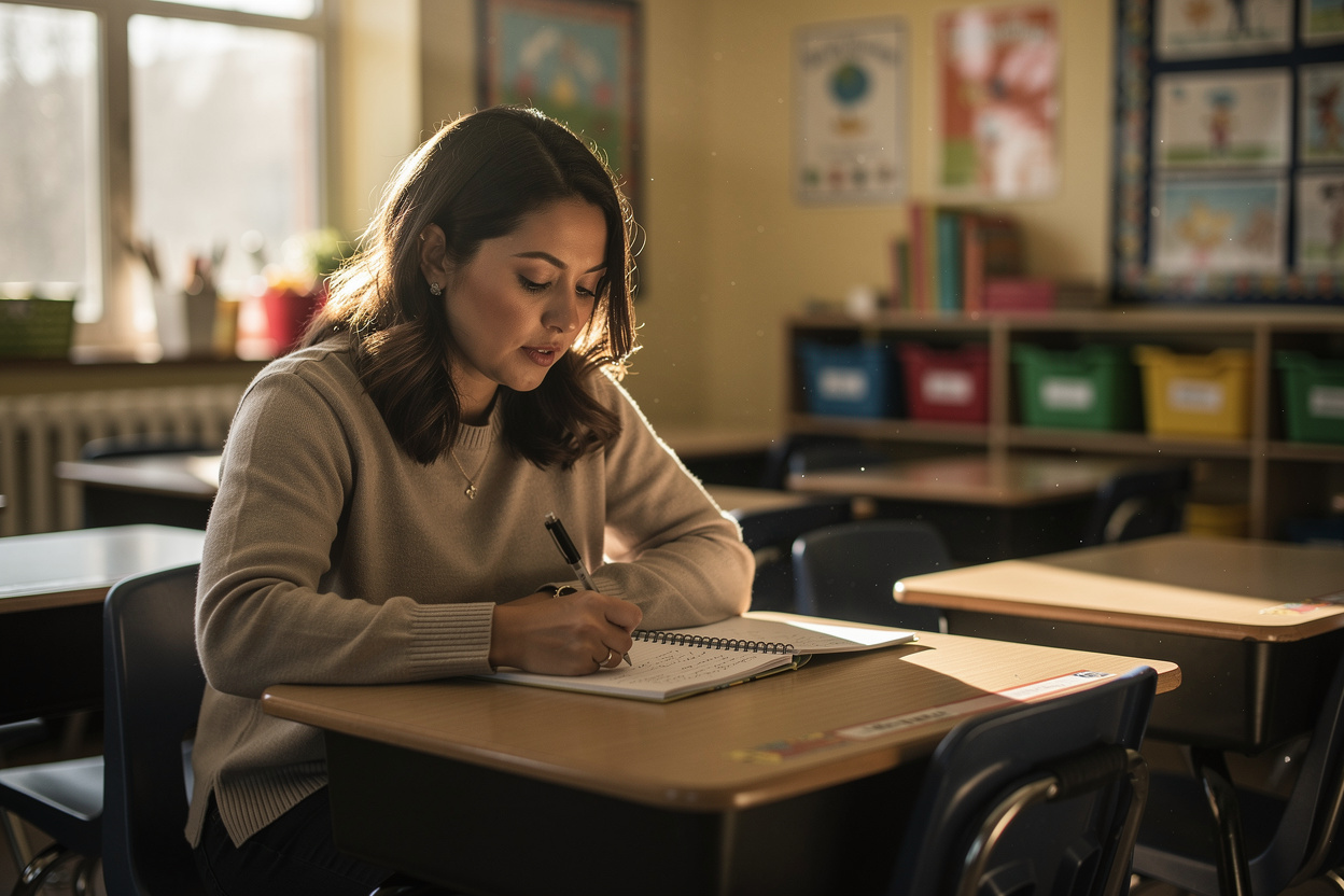 A teacher sits at her desk after school with an open notebook and a pen in hand, writing a few lines while the classroom sits quiet and warm around her.