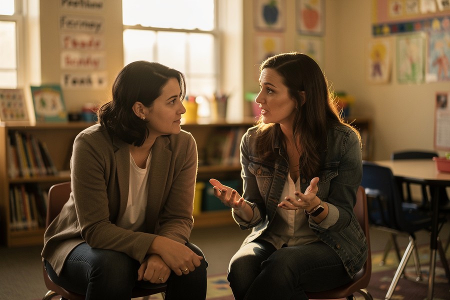 Two teachers sit together after school, one leaning in and listening closely as the other talks through her day, an engaged and supportive conversation between colleagues.