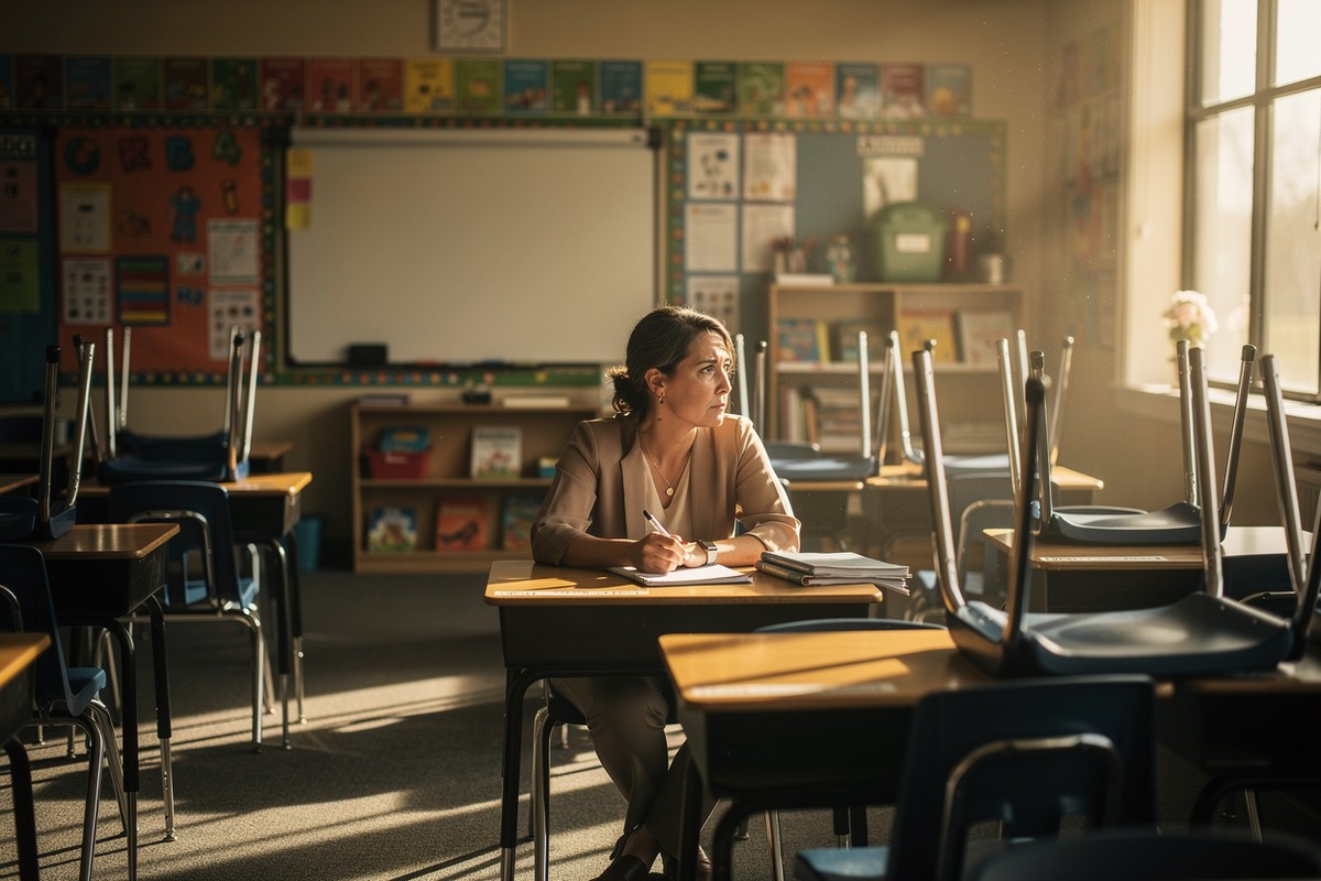 A teacher sits alone at a desk in an empty classroom in the late afternoon, chairs up on the tables, gazing tiredly toward the window in the quiet after everyone has gone.
