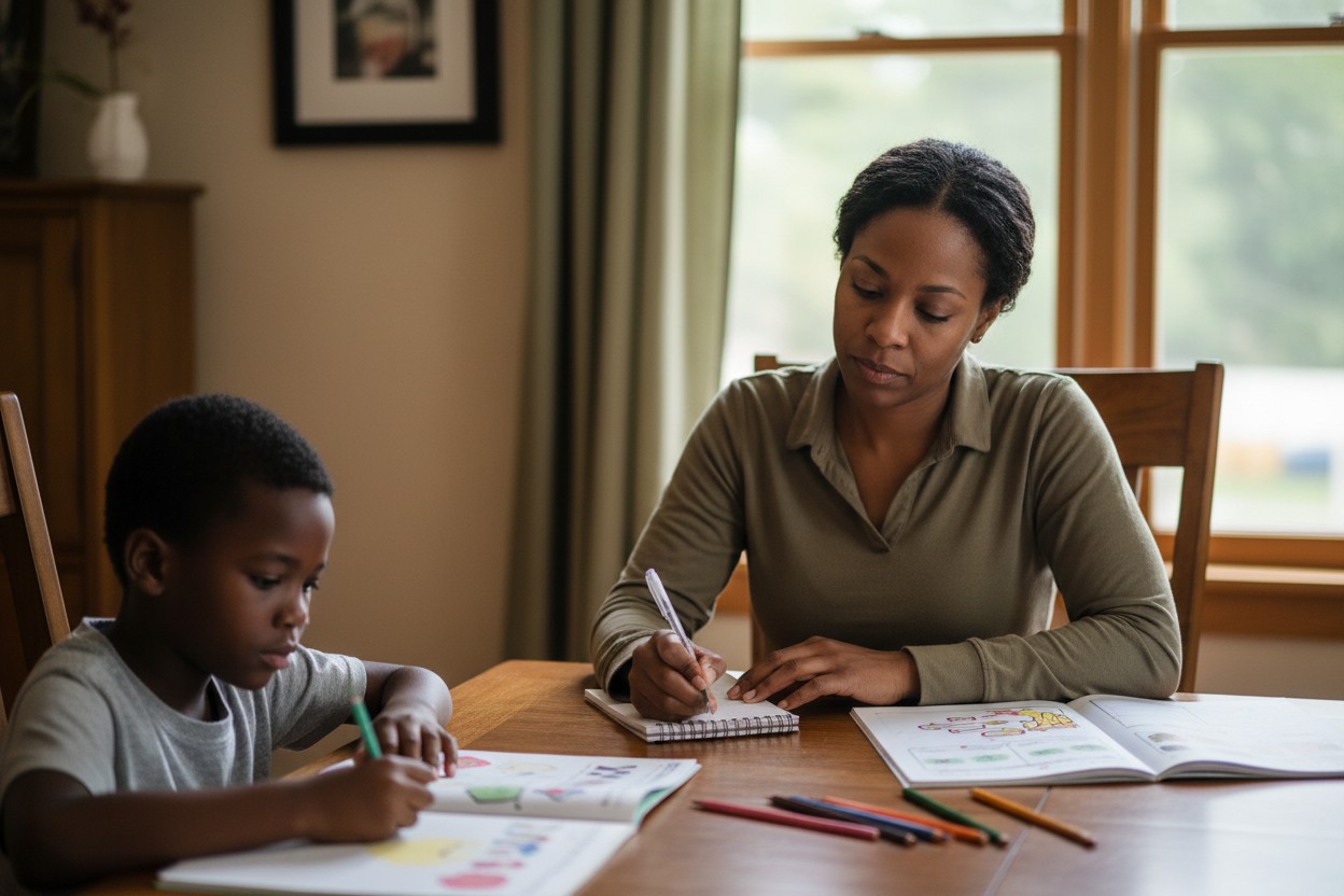 A homeschool mother writes a few notes in a small reflection notebook at the kitchen table while her young child works beside her.