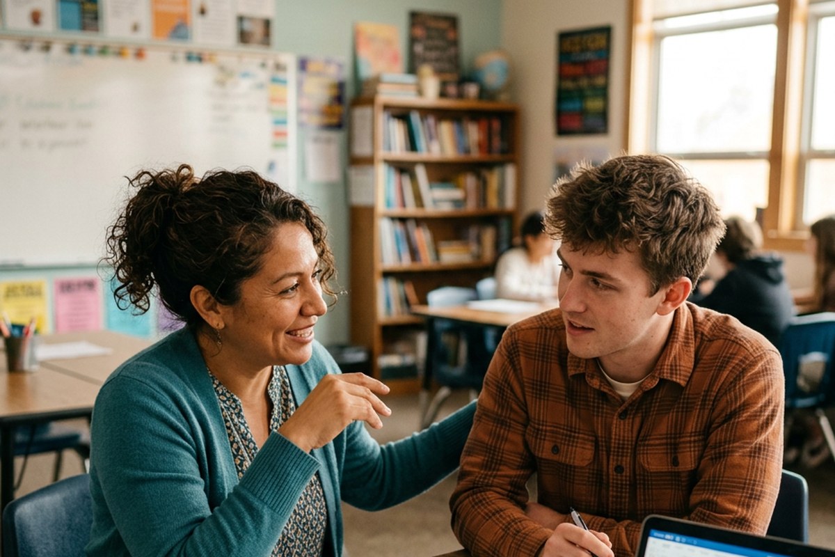 A teacher in a teal cardigan leans in and talks with a younger colleague at a classroom table, an open notebook and laptop between them.