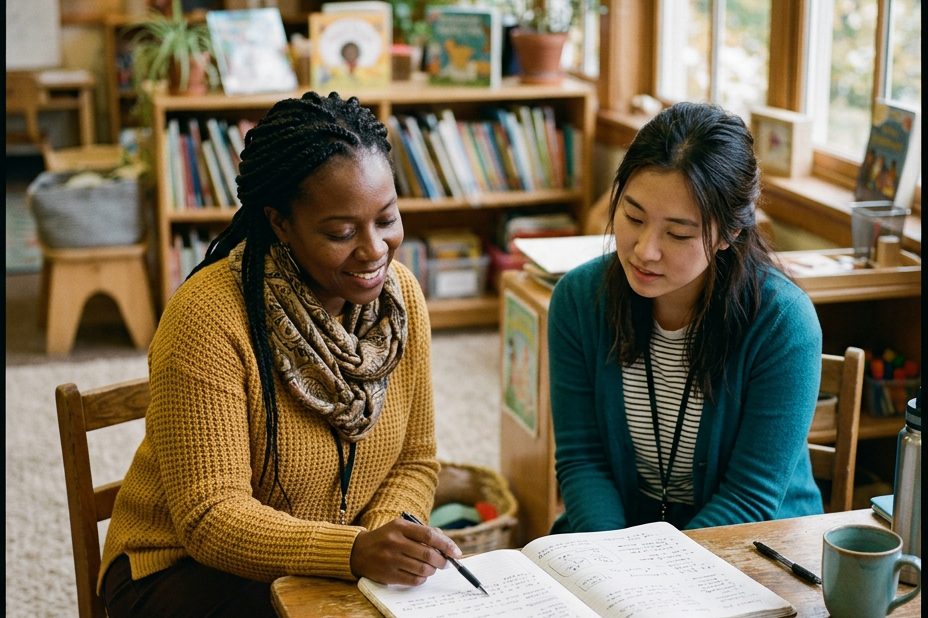 A coach and a teacher sitting side by side at a low table after school, both looking at the same open notebook in warm light.